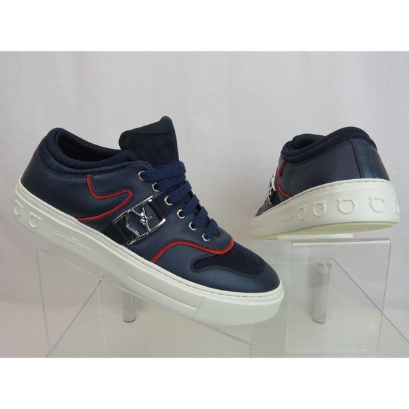 $795 FERRAGAMO NORIS NAVY LEATHER RED SUEDE SF LOGO WHITE SNEAKERS 12 M ITALY main image 11